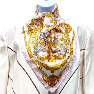 HERMISPHERES  silk scarf 23"X23  Light pink gray  gold unicorn logo  ( 35)